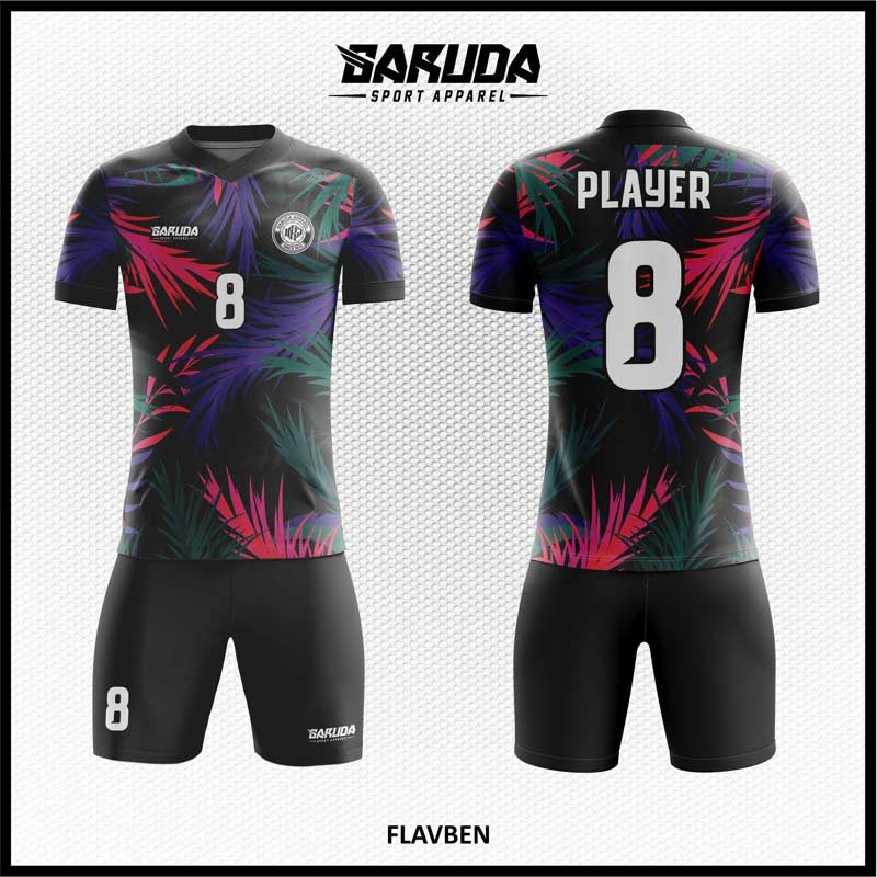 Jersey Futsal Hitam Daun Tropis dengan Aksen Merah, Hijau Tua, dan Ungu Gelap – Kode FLAVBEN