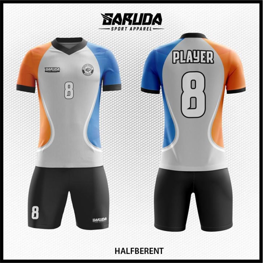 Jersey Fursal Kombinasi Putih Abu, Biru Kobalt, dan Oranye Sunset dengan Motif Simetris Dinamis – Code HALFBERENT