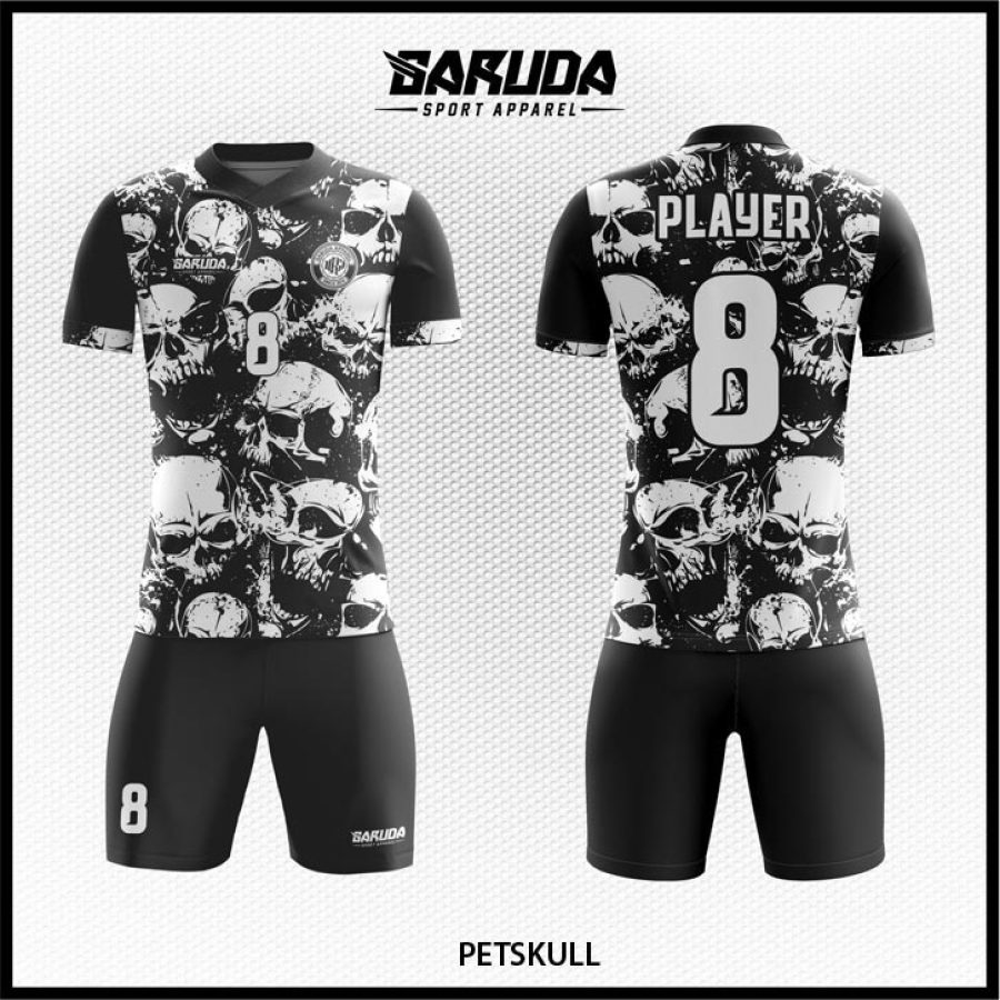 Jersey Futsal Hitam Arang dan Putih dengan Motif Tengkorak Artistik – Kode PETSKULL