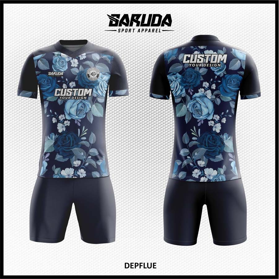 Jersey Futsal Biru Navy Tua Motif Bunga Elegan dan Mewah – Kode DEPFLUE