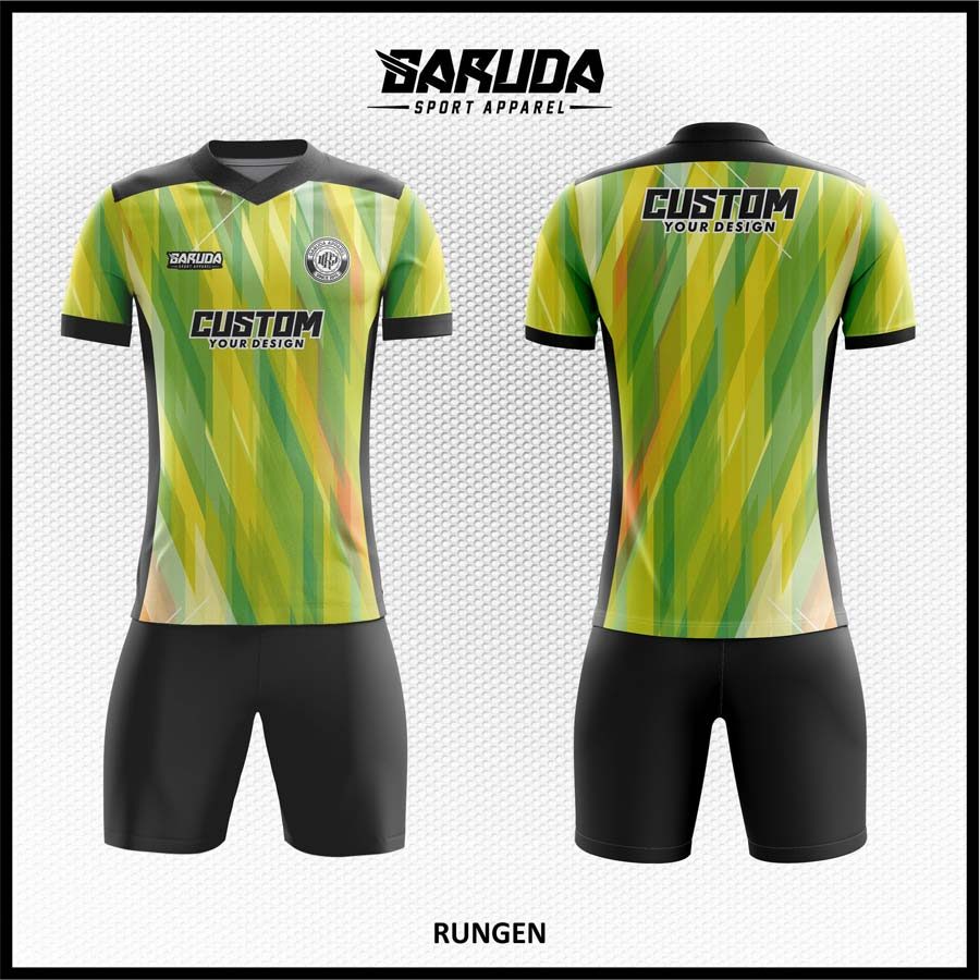 Jersey Futsal Kombinasi Hijau Lime, Kuning Lemon, dan Aksen Orange Berpola Geometris Diagonal yang Futuristik – Code RUNGREN