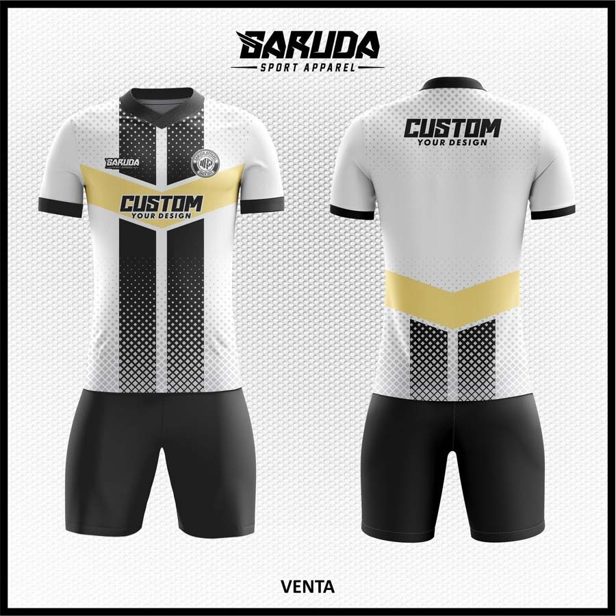 Jersey Futsal Putih Hitam dengan Kombinasi Titik Vertikal dan Garis Emas – VENTA