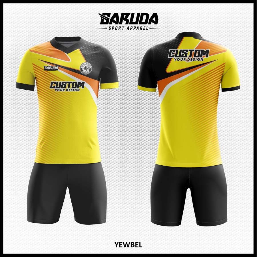Jersey Futsal Kuning Lemon dengan Kombinasi Hitam-Oranye dan Motif Garis Dinamis – Kode YEWBEL