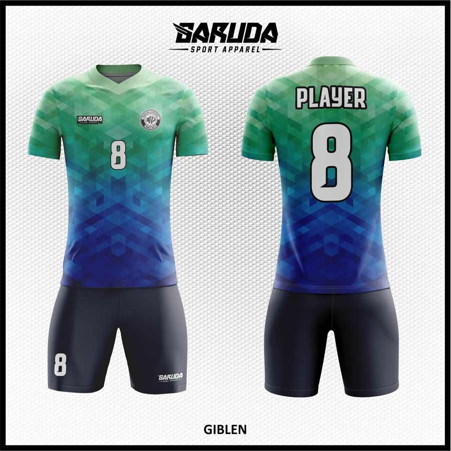 Jersey Futsal Kode GIBLEN Motif Geometris Gradasi Biru-Hijau