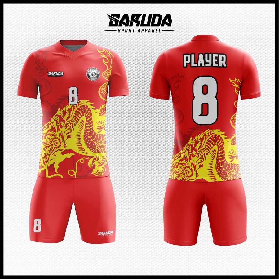 Jersey Futsal Motif Naga Emas dan Warna Merah Terang – Code DRACO