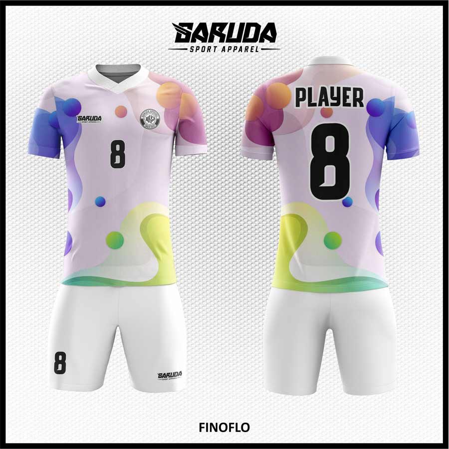 Jersey Futsal Putih Motif Gelembung Warna Pastel – Kode FINOFLO