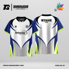 Jersey Badminton Kombinasi Putih–Biru Navy dengan Aksen Lime dan Motif V-Line Sporty Code: BA-01