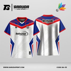 Jersey Badminton Kombinasi Putih–Biru–Merah dengan Motif Chevron dan Panel Samping Tegas Code: BA-03
