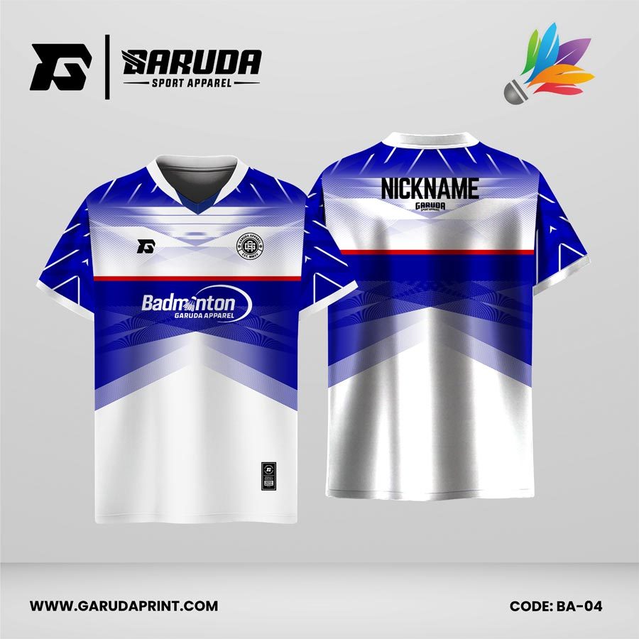 Jersey Badminton Kombinasi Putih–Biru Royal dengan Aksen Merah dan Motif Panah Gradasi Code: BA-04