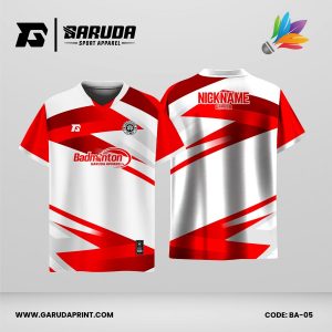 Jersey Badminton Kombinasi Putih–Merah dengan Motif Slash Geometris yang Berani Code: BA-05
