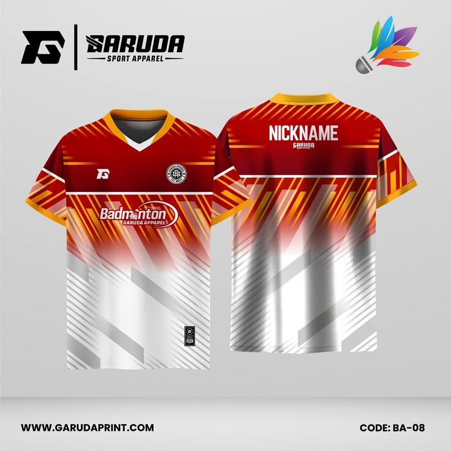 Jersey Badminton Kombinasi Maroon–Putih dengan Aksen Kuning dan Motif Garis Diagonal Enerjik Code: BA-08