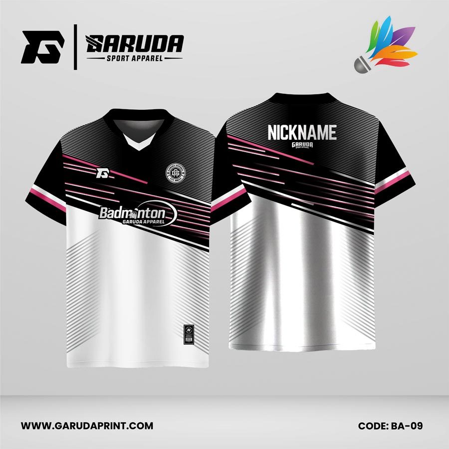 Jersey Badminton Kombinasi Hitam–Putih dengan Aksen Pink dan Motif Speed Lines Modern Code: BA-09