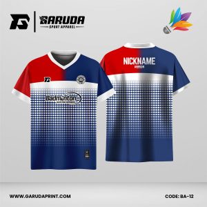 Jersey Badminton Kombinasi Merah–Navy dengan Aksen Putih dan Motif Polkadot Gradasi Code: BA-12