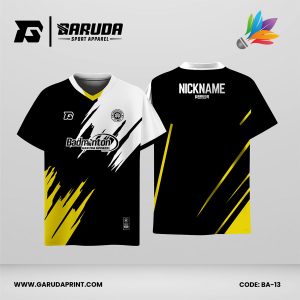 Jersey Badminton Kombinasi Hitam–Putih dengan Aksen Kuning dan Motif Brush Slash Agresif Code: BA-13