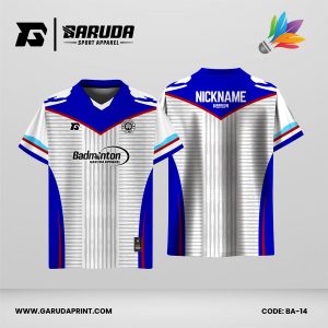 Jersey Badminton Kombinasi Putih–Biru Royal dengan Aksen Merah dan Motif Garis Vertikal Rapi Code: BA-14