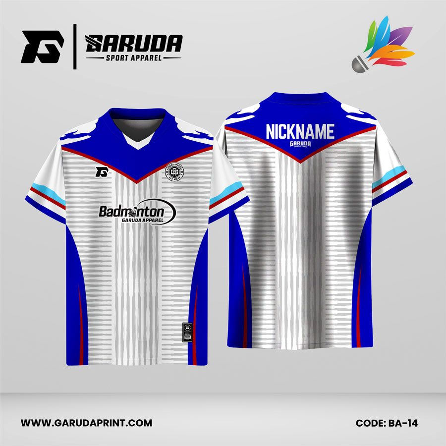 Jersey Badminton Kombinasi Putih–Biru Royal dengan Aksen Merah dan Motif Garis Vertikal Rapi Code: BA-14