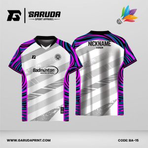 Jersey Badminton Kombinasi Putih–Abu dengan Lengan Motif Gelombang Pink–Biru yang Atraktif Code: BA-15