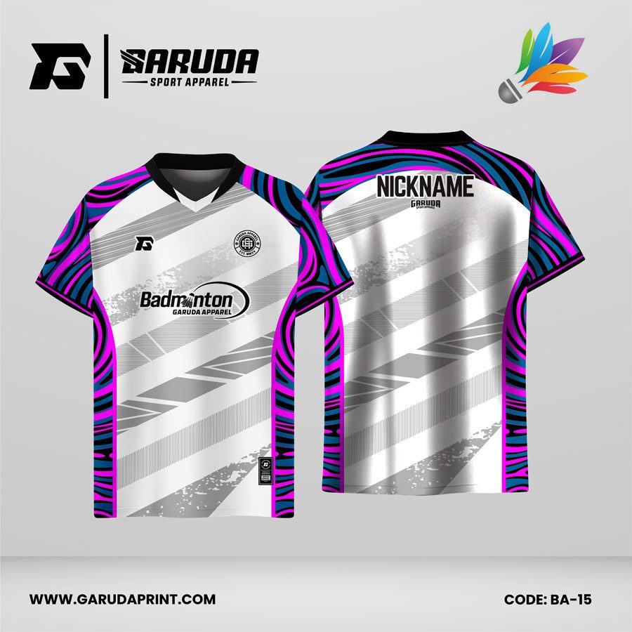 Jersey Badminton Kombinasi Putih–Abu dengan Lengan Motif Gelombang Pink–Biru yang Atraktif Code: BA-15