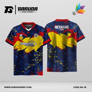 Jersey Badminton Kombinasi Navy dengan Splash Merah–Kuning dan Motif Percikan Cat yang Playful Code: BA-18