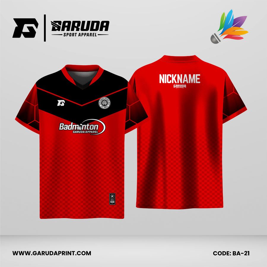 Jersey Badminton Kombinasi Merah–Hitam dengan Motif Grid Halus dan Panel V-Line Tegas Code: BA-21