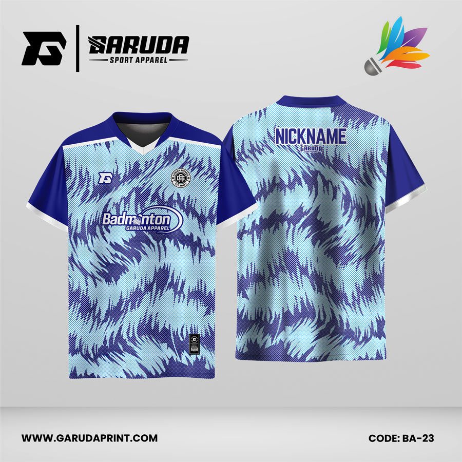 Jersey Badminton Kombinasi Biru Muda–Biru Royal dengan Motif Gelombang Abstrak Bertekstur Code: BA-23
