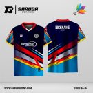 Jersey Badminton Kombinasi Navy–Biru dengan Aksen Merah–Kuning dan Motif Lightning Geometris Code: BA-24