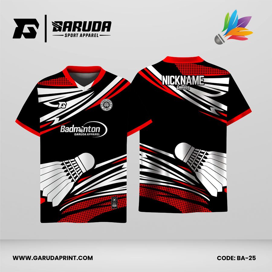 Jersey Badminton Dominasi Hitam dengan Aksen Merah dan Ilustrasi Shuttlecock Dinamis Code: BA-25