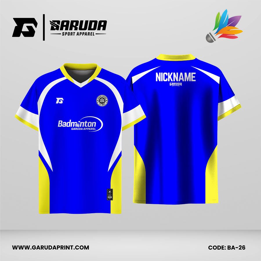 Jersey Badminton Biru Royal dengan Aksen Kuning dan Panel Putih Melengkung yang Klasik Sporty Code: BA-26