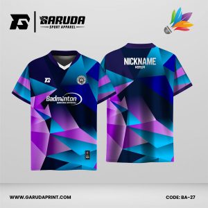 Jersey Badminton Kombinasi Navy–Toska–Ungu dengan Motif Low Poly Geometris yang Futuristik Code: BA-27