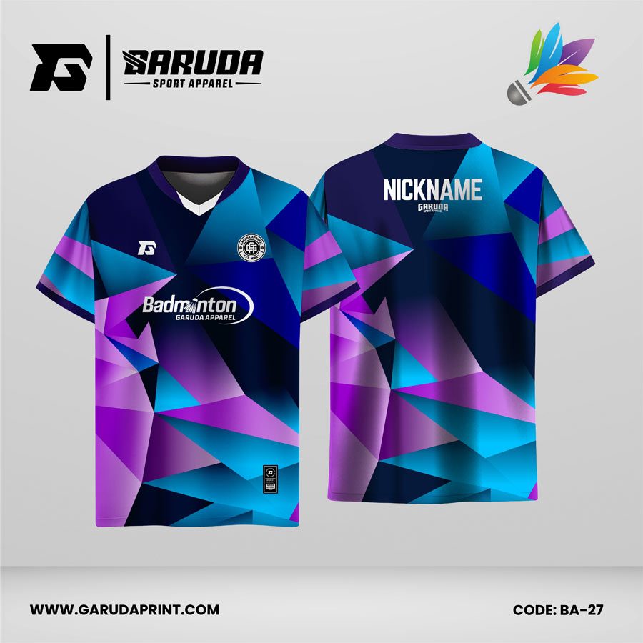 Jersey Badminton Kombinasi Navy–Toska–Ungu dengan Motif Low Poly Geometris yang Futuristik Code: BA-27
