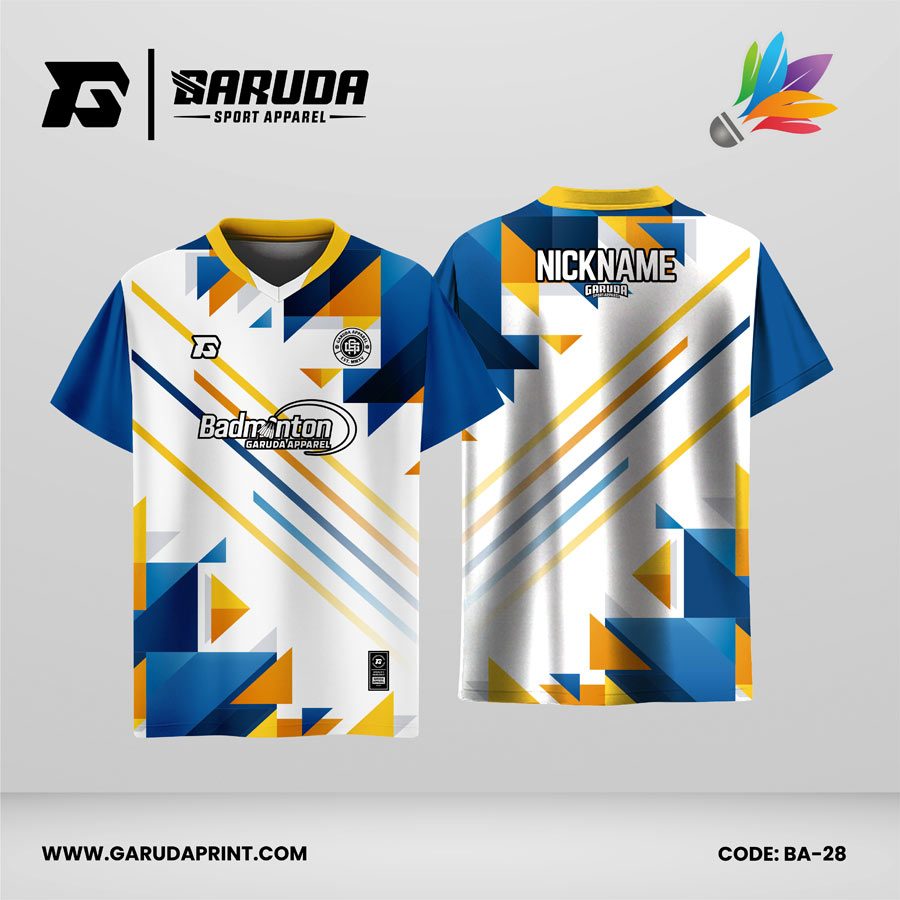 Jersey Badminton Kombinasi Putih–Biru dengan Aksen Kuning–Oranye dan Motif Geometris Diagonal yang Modern Code: BA-28