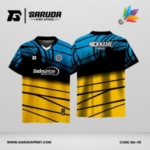 Jersey Badminton Kombinasi Toska–Hitam dengan Bawah Kuning Mustard dan Motif Garis Dinamis Code: BA-29