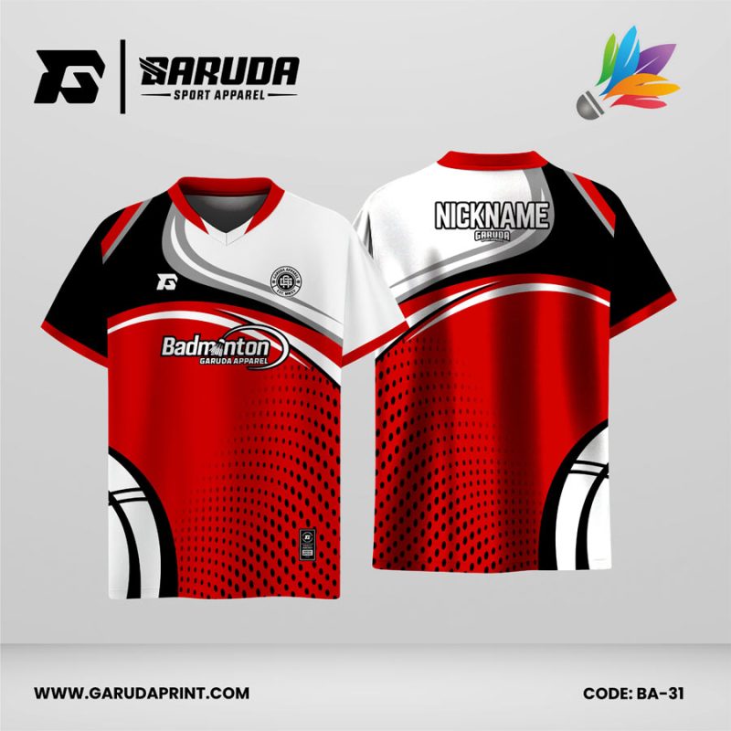 Jersey Badminton Kombinasi Merah–Putih dengan Aksen Hitam dan Motif Lengkung Sporty Code BA-31