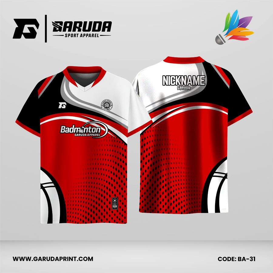 Jersey Badminton Kombinasi Merah–Putih dengan Aksen Hitam dan Motif Lengkung Sporty Code BA-31