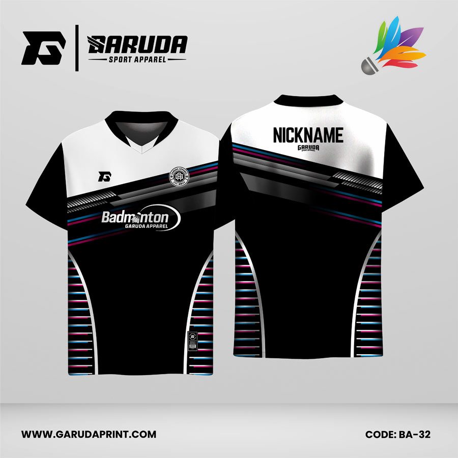 Jersey Badminton Kombinasi Hitam–Putih dengan Aksen Garis Neon Modern Code BA-32