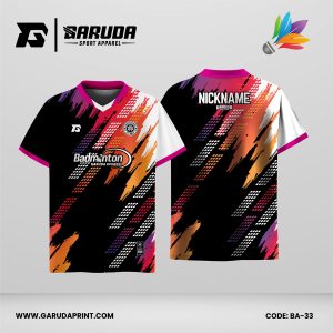 Jersey Badminton Dominasi Hitam dengan Aksen Pink–Oranye dan Motif Brush Abstrak Code BA-33