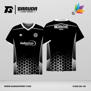 Jersey Badminton Dominasi Hitam dengan Aksen Putih dan Motif Geometris Minimalis Code BA-36