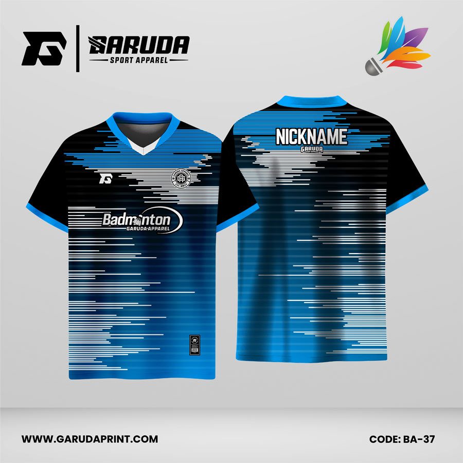 Jersey Badminton Kombinasi Hitam–Biru dengan Motif Garis Horizontal Dinamis Code BA-37