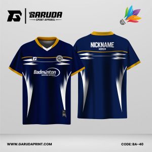 Jersey Badminton Kombinasi Biru Dongker dengan Aksen Kuning dan Motif Putih Tajam Code BA-40
