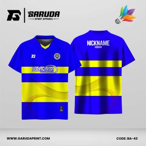 Jersey Badminton Kombinasi Biru–Kuning dengan Motif Gelombang Halus Modern Code BA-43