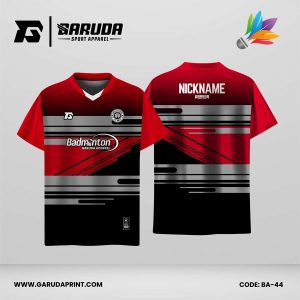 Jersey Badminton Kombinasi Merah–Hitam dengan Aksen Abu-Abu dan Motif Garis Modern Code BA-44