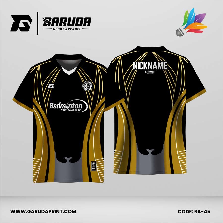 Jersey Badminton Dominasi Hitam dengan Aksen Emas dan Motif Lengkung Elegan Code BA-45
