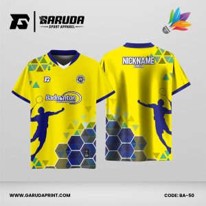 Jersey Badminton Kuning Cerah dengan Aksen Biru dan Motif Hexagon Atletik Code BA-50