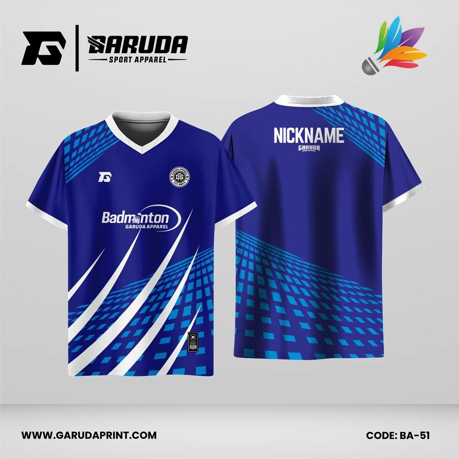 Jersey Badminton Biru Royal dengan Motif Grid Perspektif dan Aksen Putih Modern Code BA-51