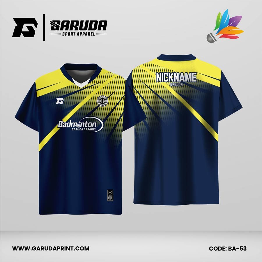 Jersey Badminton Kombinasi Biru Dongker–Kuning dengan Motif Garis Radial Modern Code BA-53