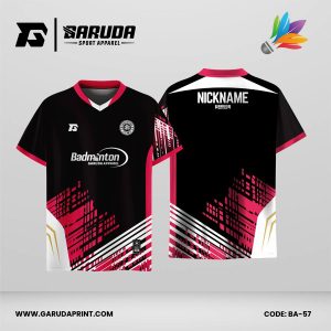 Jersey Badminton Kombinasi Hitam–Pink dengan Aksen Putih dan Motif Garis Digital Code BA-57
