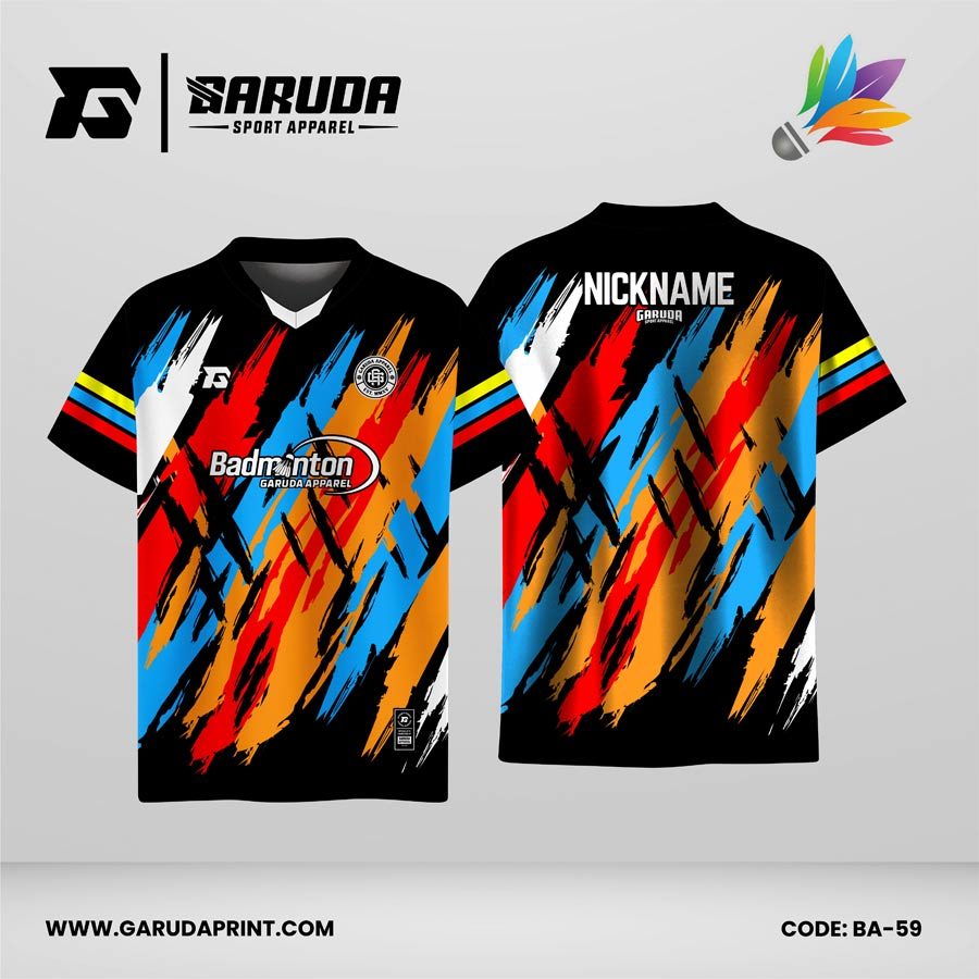 Jersey Badminton Kombinasi Hitam dengan Brush Merah–Biru–Oranye yang Berani Code BA-59