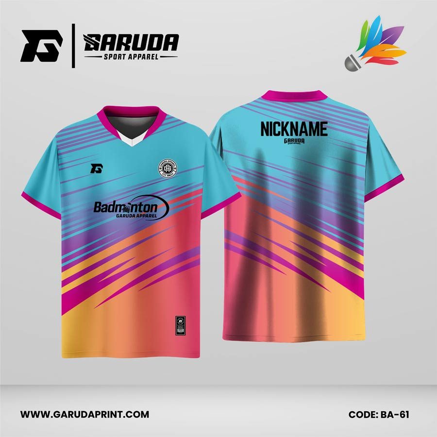 Jersey Badminton Kombinasi Toska–Pink–Oranye dengan Motif Garis Diagonal Modern Code BA-61