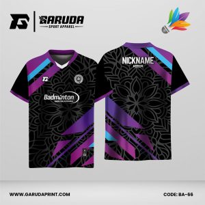 Jersey Badminton Warna Hitam–Ungu dengan Aksen Biru dan Motif Ornamen Modern Code BA-66