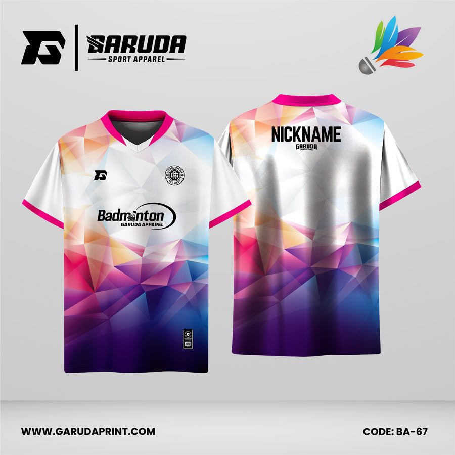 Jersey Badminton Warna Putih–Pink–Ungu dengan Motif Geometris Modern Code BA-67